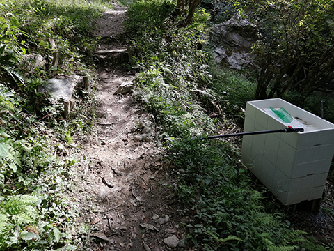 延長したパイプを傾斜土槽の容器へ挿入した様子